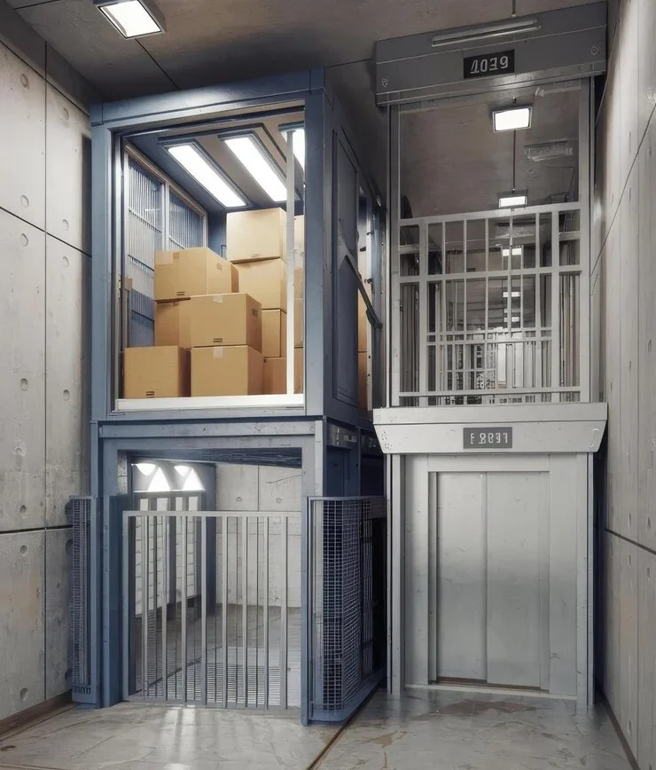 Cargo Elevator With Cardboard Boxes Open Cabin Service Lift With Closed Doors Hallway Bui 1182637 155283