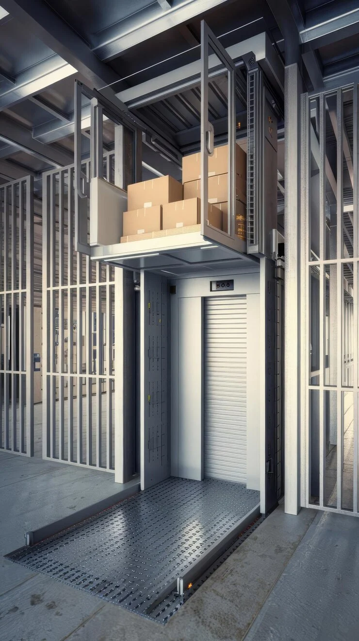 Cargo Elevator With Cardboard Boxes Open Cabin Service Lift With Closed Doors Hallway Bui 926199 4396903